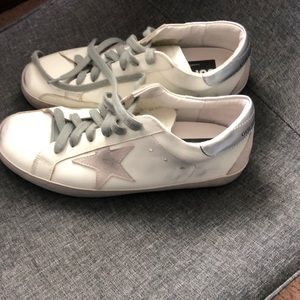Superstar low top sneakers, white leather, round toe distressed accents